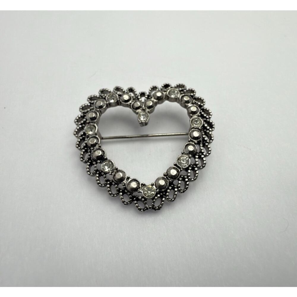 Vintage 1970s Victorian Revival Heart Brooch Pin Pewter Tone Rhinestone Jewelry